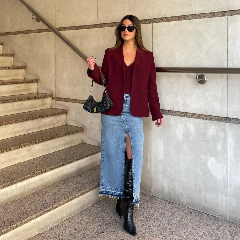 Zara Set - Wine Buttoned Tailored Blazer & Sweetheart Neckline Bustier - Picture 3 of 16